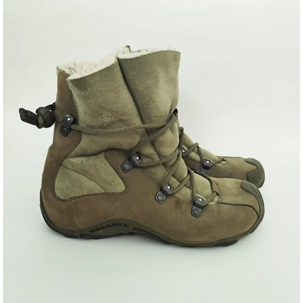 Merrell Forecast Tug Winter Boots Womens 6 Dark Green Leather Suede Vibram